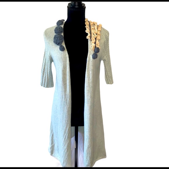 Moth Lt Teal Open Cardigan With Fabric Flowers